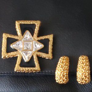 Signed St John Vintage Brooch Cross Black/Gold & St John Gold Hoop Clip earrings
